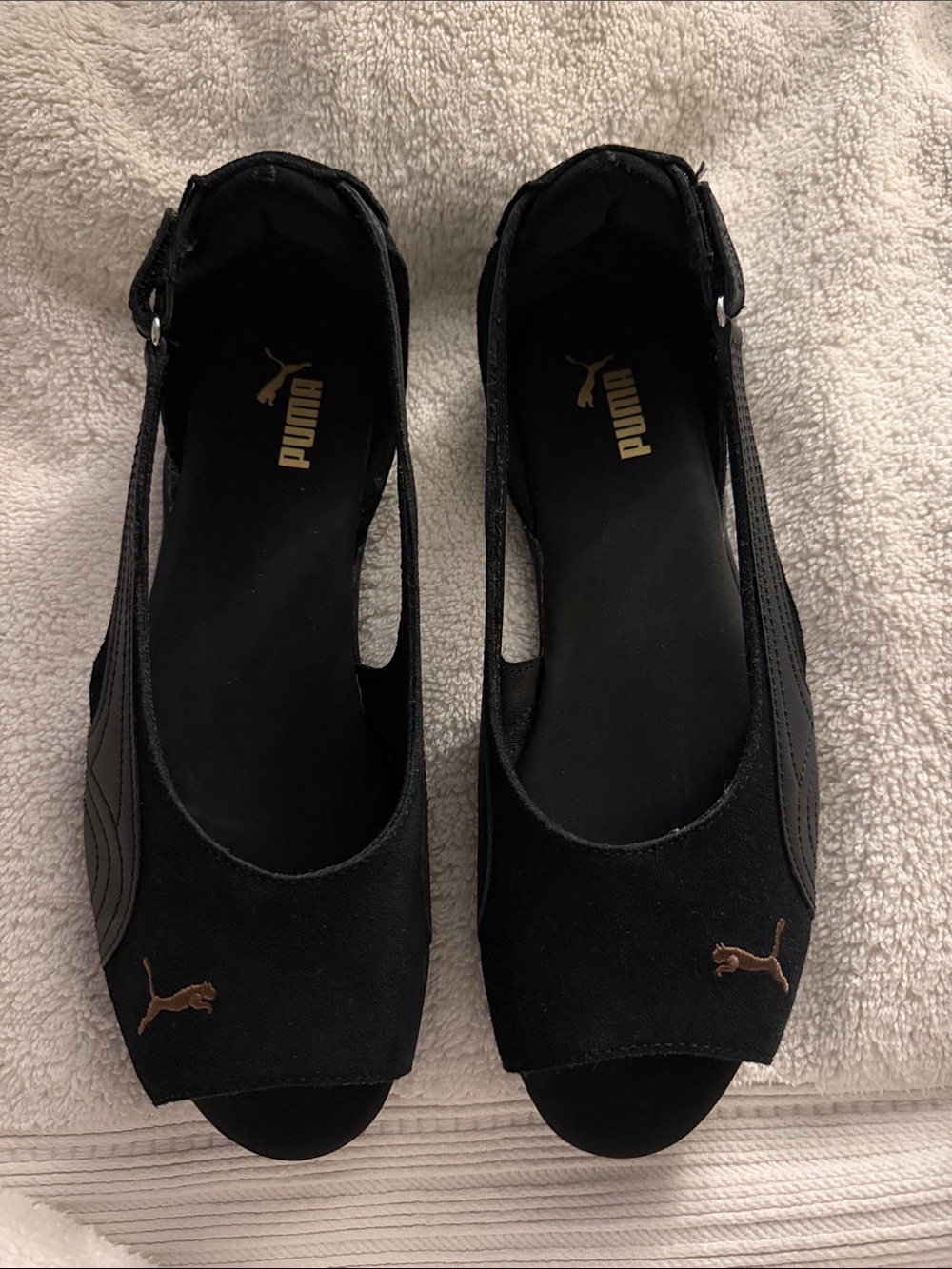 Puma Black Open-Toe Slingback Flats with Gold Logo